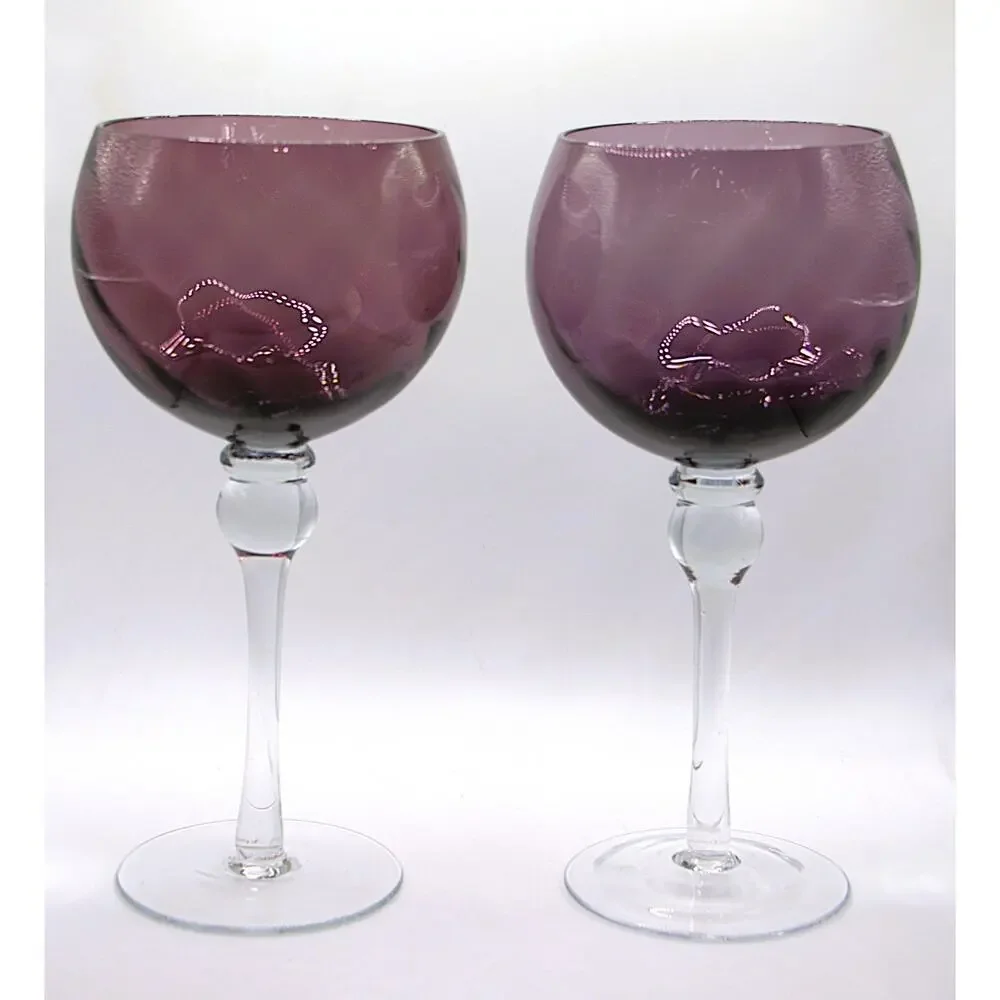 2 Pier 1 Imports Amethyst Purple Crystal Goblets Clear Stem 7.5” Wine Glasses